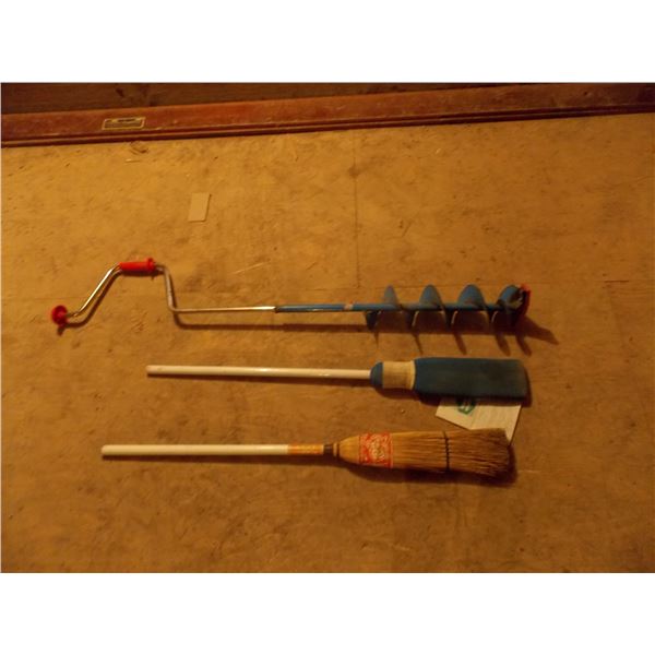 hand auger + (2) curling brooms - located upstairs