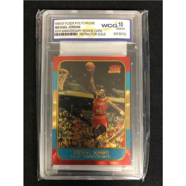 1996-97 FLEER POLYCHROME MICHAEL JORDAN 10TH ANNIVERSARY ROOKIE CARD REFRACTOR GOLD (WSG 10)