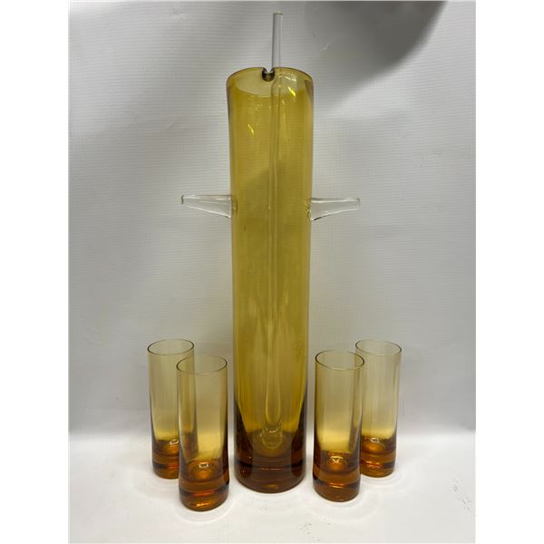 Beautiful Amber / Yellow Art Glass Drink Set / Decanter Set (Decanter 13.75" Glasses 4.75x1.5")