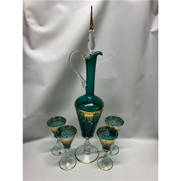 Italian Teal Green/Blue Art Glass Drink Set / Decanter Set (Decanter 23.5" Glasses 6.25x3.25")
