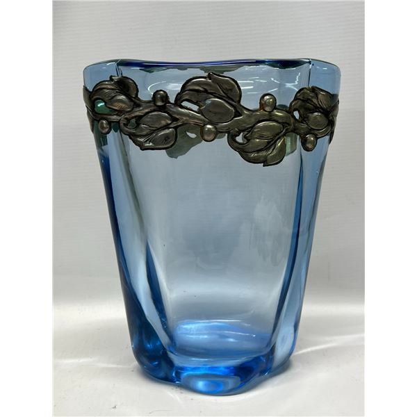 Heavy Blue Art Glass Vase w/silver Overlay (Approx: 7.5"T 6"W)