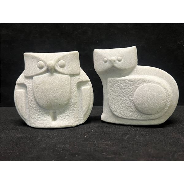2 Marbell Stone Art Cat & Owl Sculptures / Figures (Approx: 3x3")