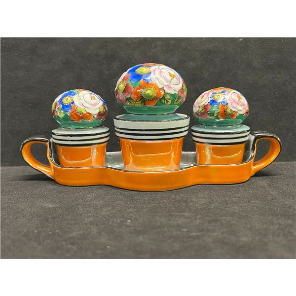 Vintage Noritake Handpainted Salt / Pepper / Jam Jar Set w/tray Japan (Approx: 7.5x3")