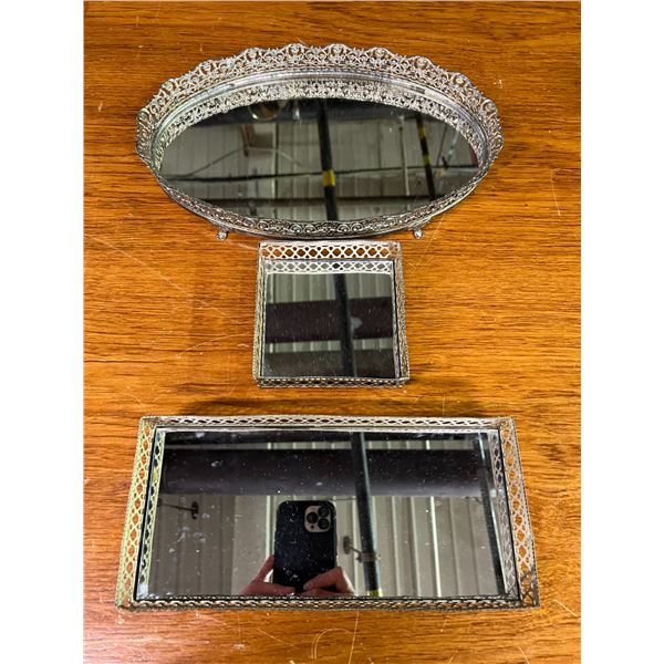 3 Mirrored Metal Vanity Trays Décor Pieces