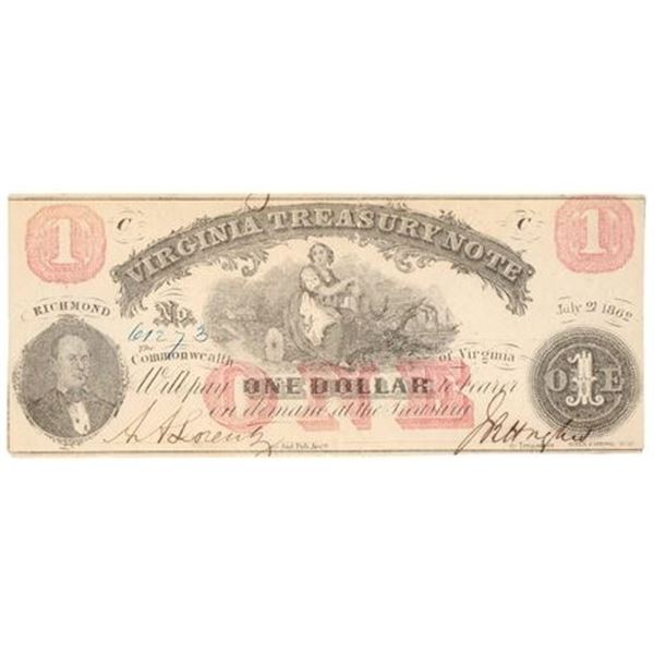 1862 $1 Virginia Treasury Note