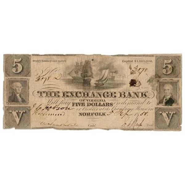1850 $5 Obsolete Note Norfolk, Virginia