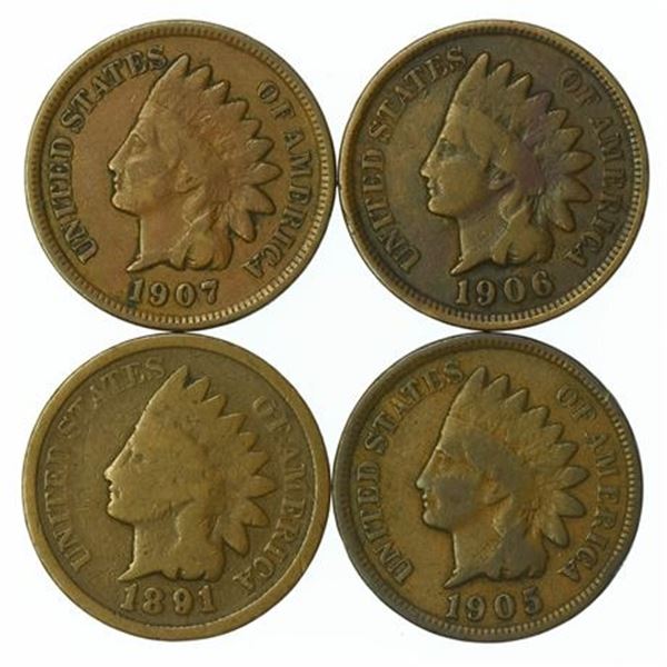 Group of 4 Indian Head Cents 1891, 1905, 1906, 1907