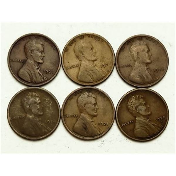 Group of 6 Lincoln Wheat Cents 1920, 1920-D, 1920-S, 1921, 1923, 1924