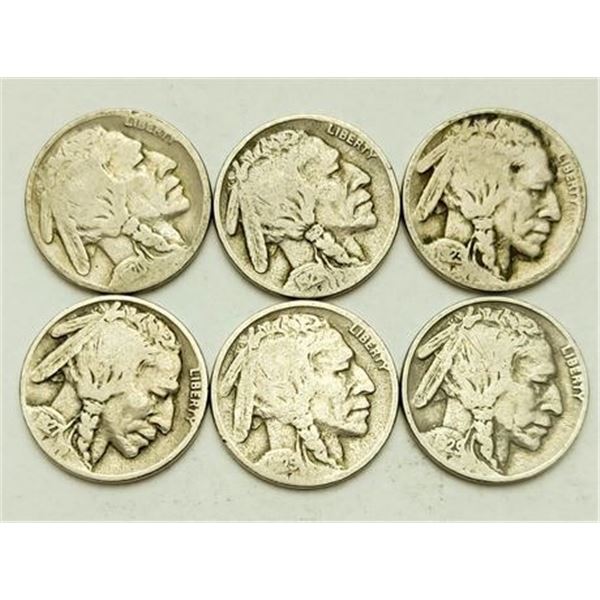 Group of 6 Buffalo Nickels 1920, 1921, 1923, 1925, 1927, 1929