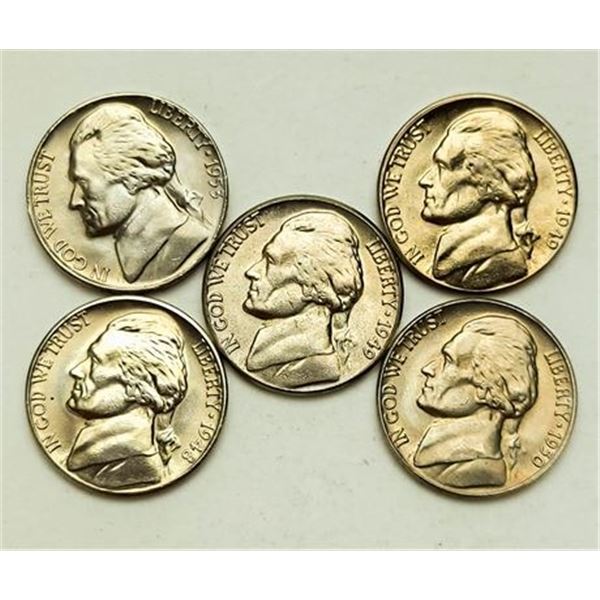 Group of 5 Jefferson Nickels 1948-S, 1949, 1949-D, 1950, 1953-S