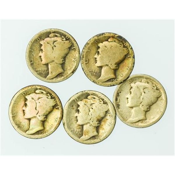 Group of 5 Mercury Dimes 1917, 1917-S, 1918, 1918-D, 1918-S