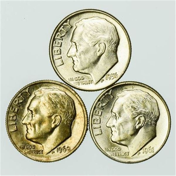 Group of 3 Roosevelt Dimes 1956-D, 1961-D, 1968