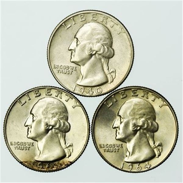 Group of 3 AU Washington Silver Quarters 1940-S and 1964-D