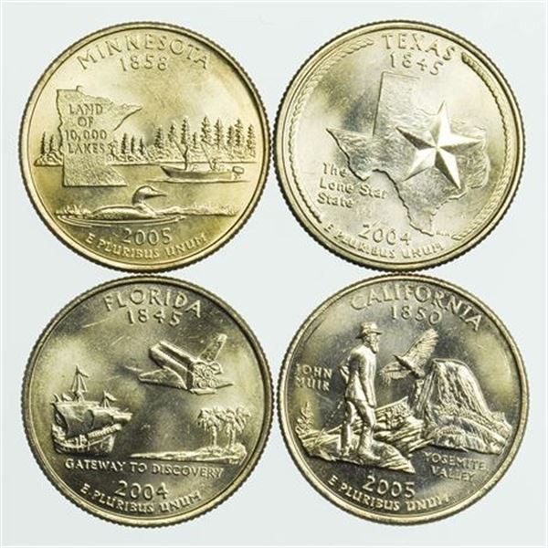 Group of 4 State Washington Quarters Florida, Minnesota, California, Texas