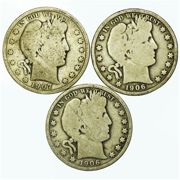 Group of 3 Barber Half Dollars 1906, 1906-O, 1907-O