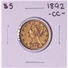 Image 1 : 1892-CC $5 Liberty Head Half Eagle Gold Coin