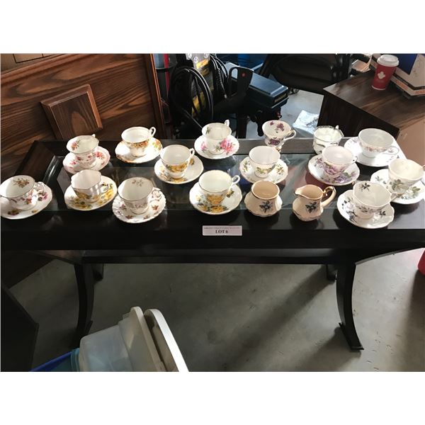 15 Floral Teacups and 13 Saucers with Cream and Sugar