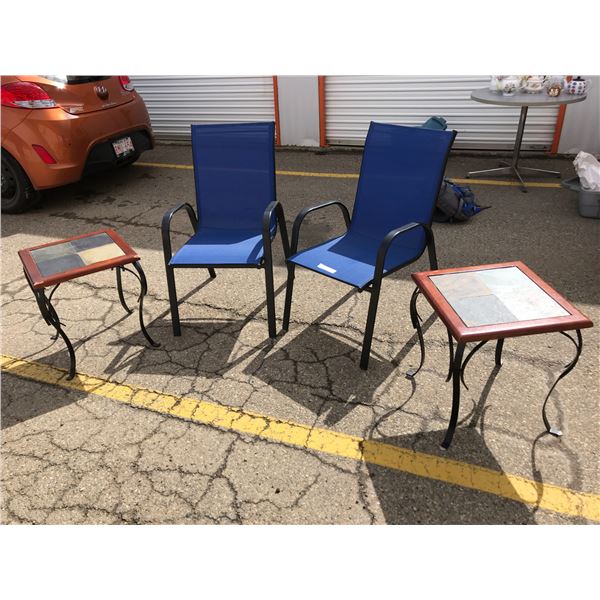 2 Blue Outdoor Chairs and 2 Small Outdoor Tables (few scuffs on tables)
