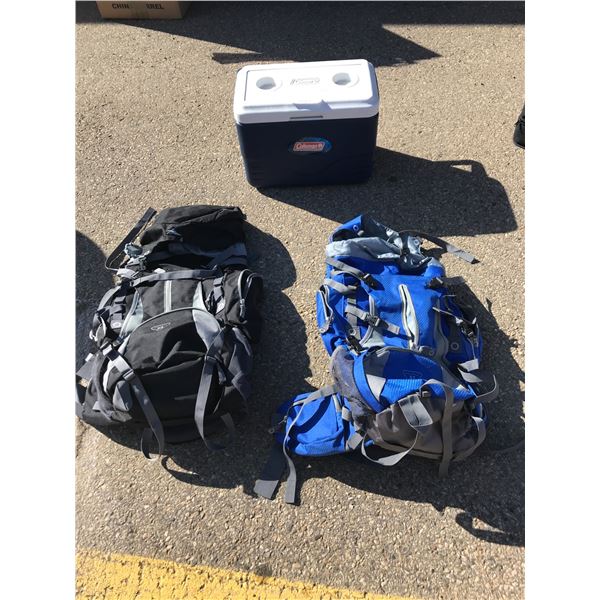 2 High Sierra Backpacking Backpacks an Coleman Cooler