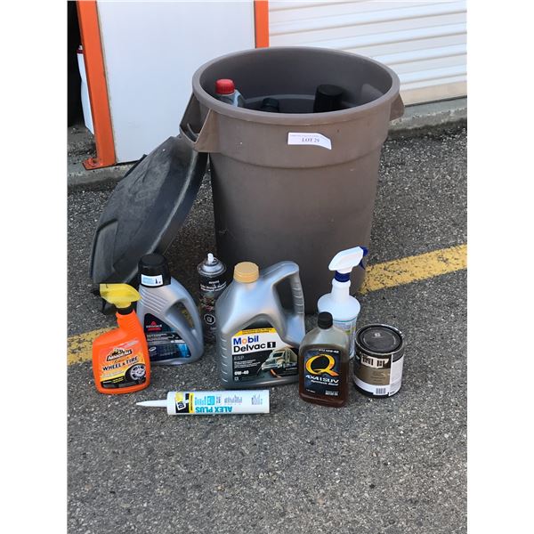 Assorted products: Wheel and Tire Cleaner, Acrylic Latex Caulk, Assorted Motor Oil, Assorted Paint, 