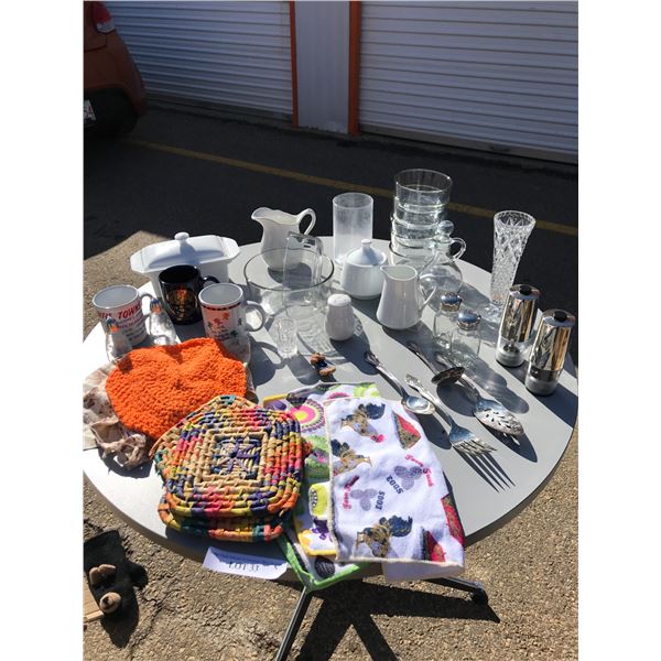 Glass Bowls, Mugs, Assorted Salt and Pepper Shakers, Crystal Vase, Cream and Sugar, Serving Set, But