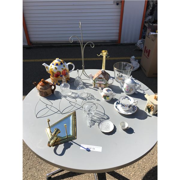 Assorted Teapots and Cups and Saucer, Brass Candle Holders, Bell & Glass Bowl