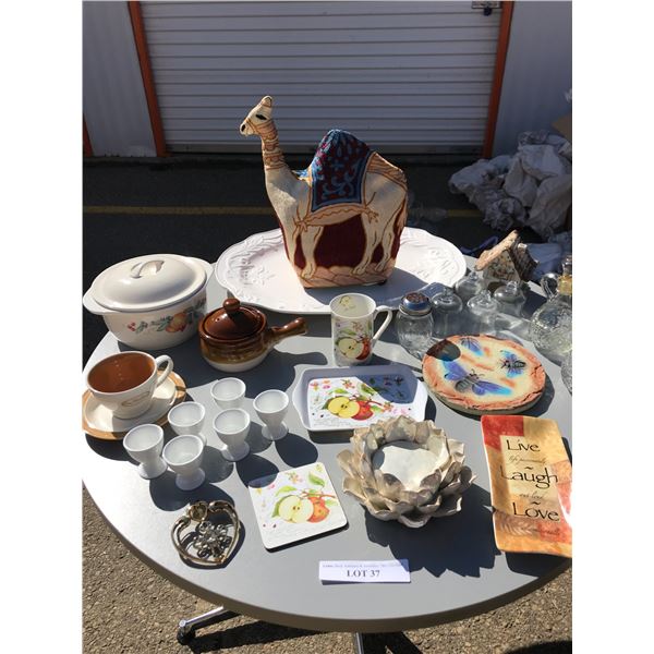 Live Laugh Love Dish, Apple Mug, Soup Bowl, Cup and Saucer, Camel Tea Cozy, Corelle Stoneware, Flowe