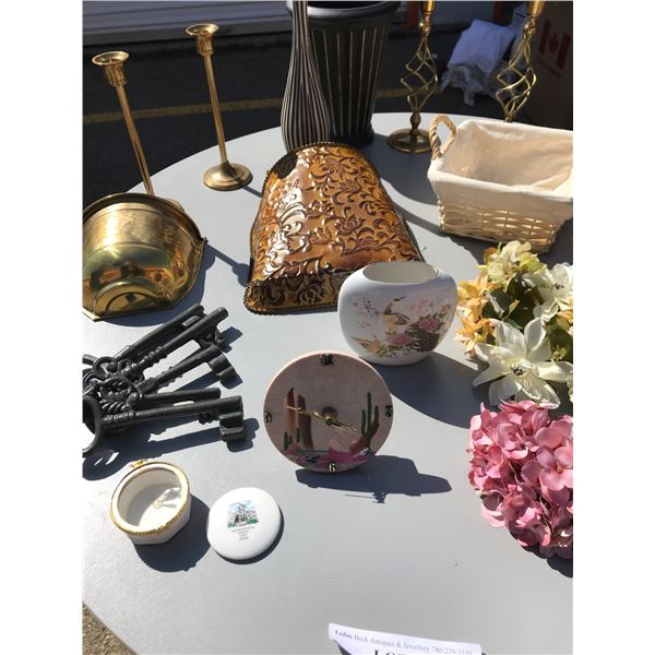 Brass Candle Holders, Assorted Wall art, Vases, Decorative Keys, Clock, Silk Flowers, Small Basket