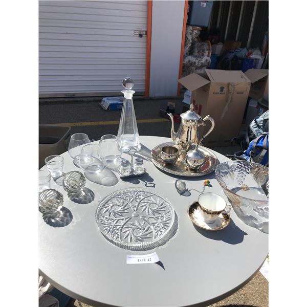 Silver Plate Tea Set, Decanter and Glasses, Royal Albert Teacup Saucer, Bowl, Tealight, Salt and Pep