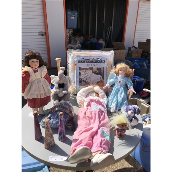 Hand Quilted Patchwork Quilt Queen Set, Beautiful Porcelain Dolls, Elephant and Bunny Stuffed Animal