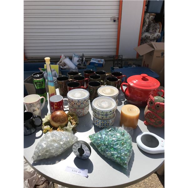Assorted Mugs, Candles, Timer, Roscher & Cie Ceramic Pot, Decorative Owl, Candle Warmer, Decorative 