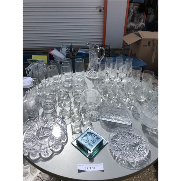 Assorted Crystal and Glass: Assorted Pickle Dishes, Crystal Pitcher, Coasters, Champagne Glasses, Ju