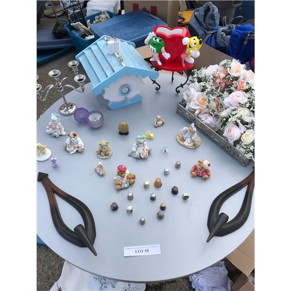 Wood Birdhouse, Assortment of Thimbles, Assortment of Bear and Cat Figurines, Egg Candle, Candle Hol