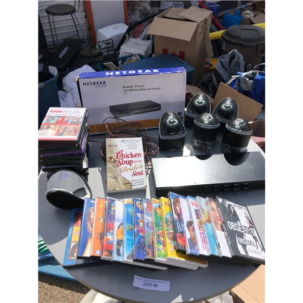 Assortment of DVD's, 5 Speakers, SpeakerCraft Amplifier, NetGear Prosafe 24-Port Fast Ethernet Switc