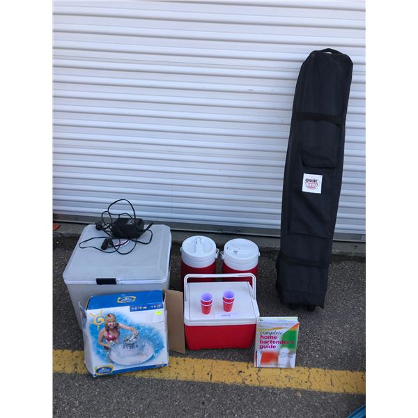 2 Coolers, 2 Jugs, 4 Shot Glasses, Quik Shade Canopy, The Wet Set Cooler, Bartender Book, Grill