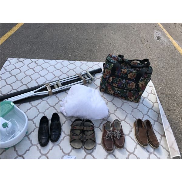 Beautiful Floral Bag, Tablecloth, Beige Area Rug, Crutches, ConAir Foot Bath & 4 Pairs of Men's Shoe