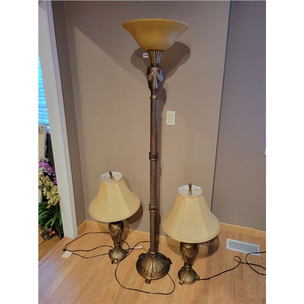 Matching Set of Ornate Lamps (One Floor Lamp & Two Table Lamps with Shades)