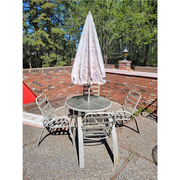 Outdoor Glass Top Patio Set with 4 Chairs & Umbrella