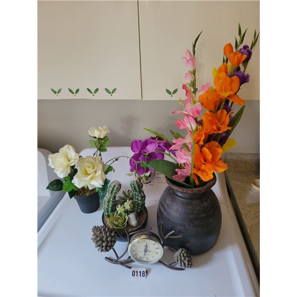 Artificial Flowers with Vases & Desk Clock