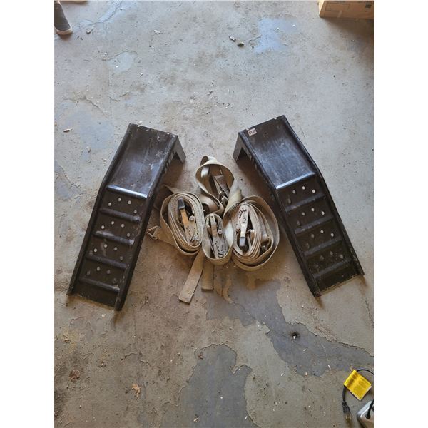 Three Large Ratchet Straps & Pair of Metal Ramps