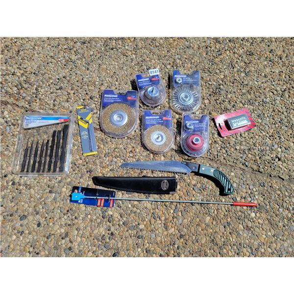 Mastercraft Wire Wheel Brushes (5) - 2 Magnetic Pick-up Tools - Yardworks Hand Saw - Punch & Chisel
