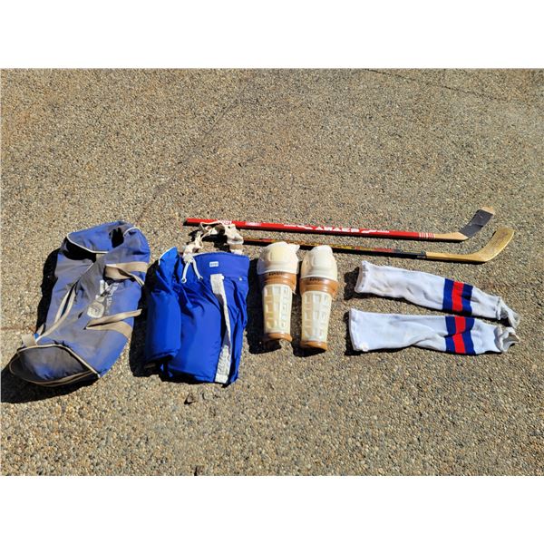 Cooper Hockey Pads, Hockey Sticks x2, Hockey Bag