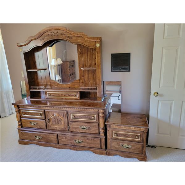 Double Bed Frame with Dresser 65.5"w x 18"d x 31"h (78"h with Mirror) , Highboy & Nightstand