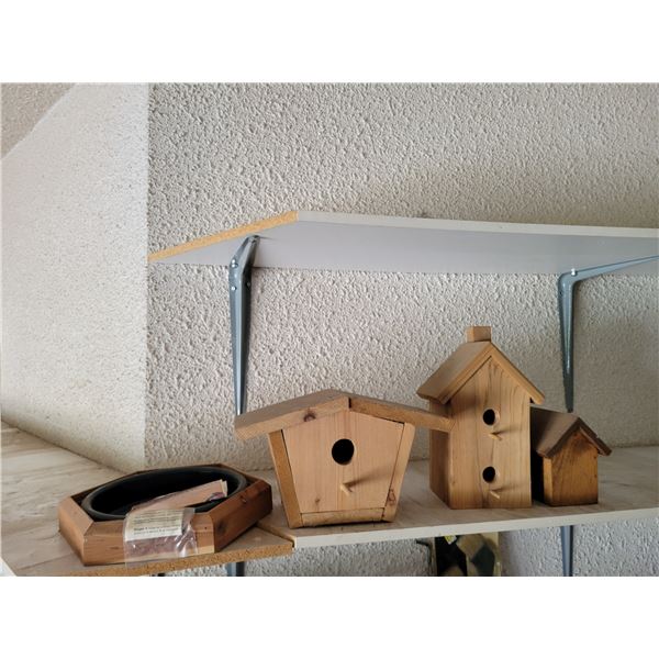 Three Homemade Wooden Bird Houses & Hanging Bird Bath or Feeder