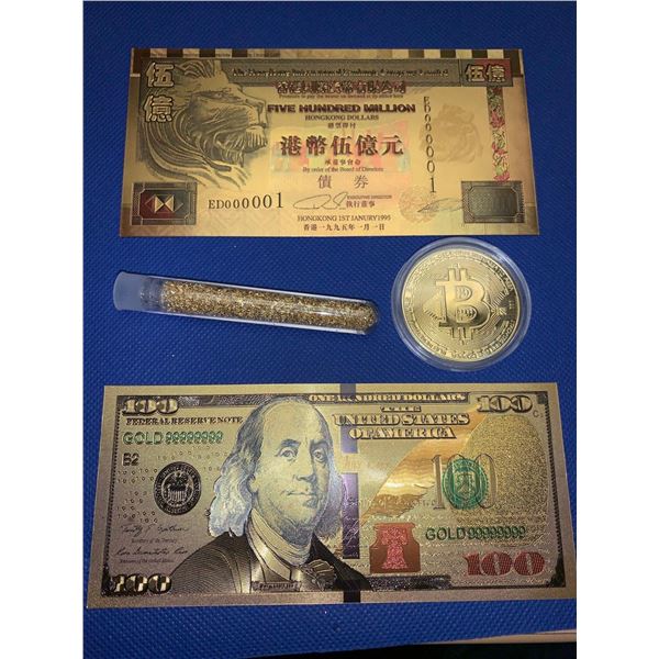 Golden collector Pack with Bitcoin medallion, Golden Flake Vial , $100 gold clad certificate & Hong 