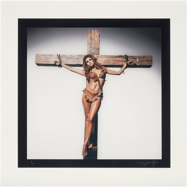 Terry O'Neill -  Signed.Raquel Welch on the Cross, Los Angeles (One Million Years B.C.),1966