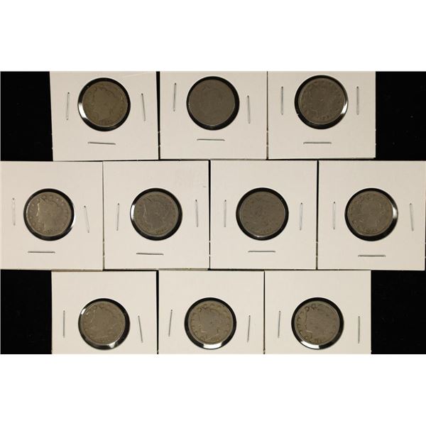 10 ASSORTED LIBERTY "V" NICKELS: 1890, 1892, 1901,