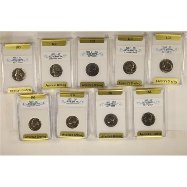 9 ASSORTED 1960-1968 JEFFERSON NICKELS: 1960 MS70,