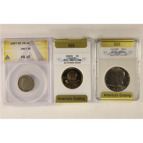 3 ASSORTED COINS: 1907 LIBERTY "V" NICKEL ANACS VG