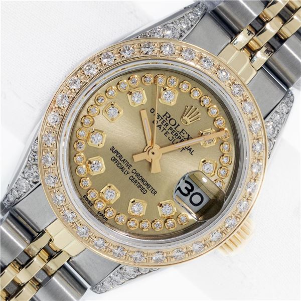 Rolex Ladies 2 Tone Champagne Diamond Lugs Oyster Perpetual Datejust Wristwatch